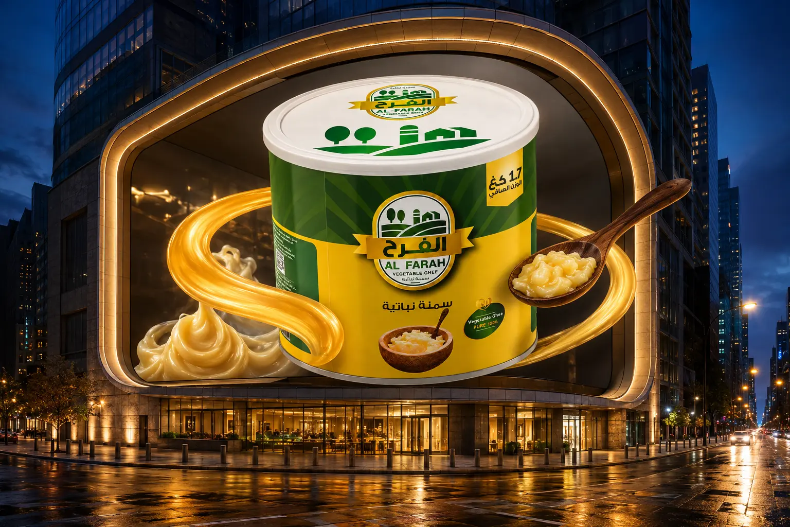 Al-Farah® Vegetable Ghee 1.7 KG on a giant 3D billboard