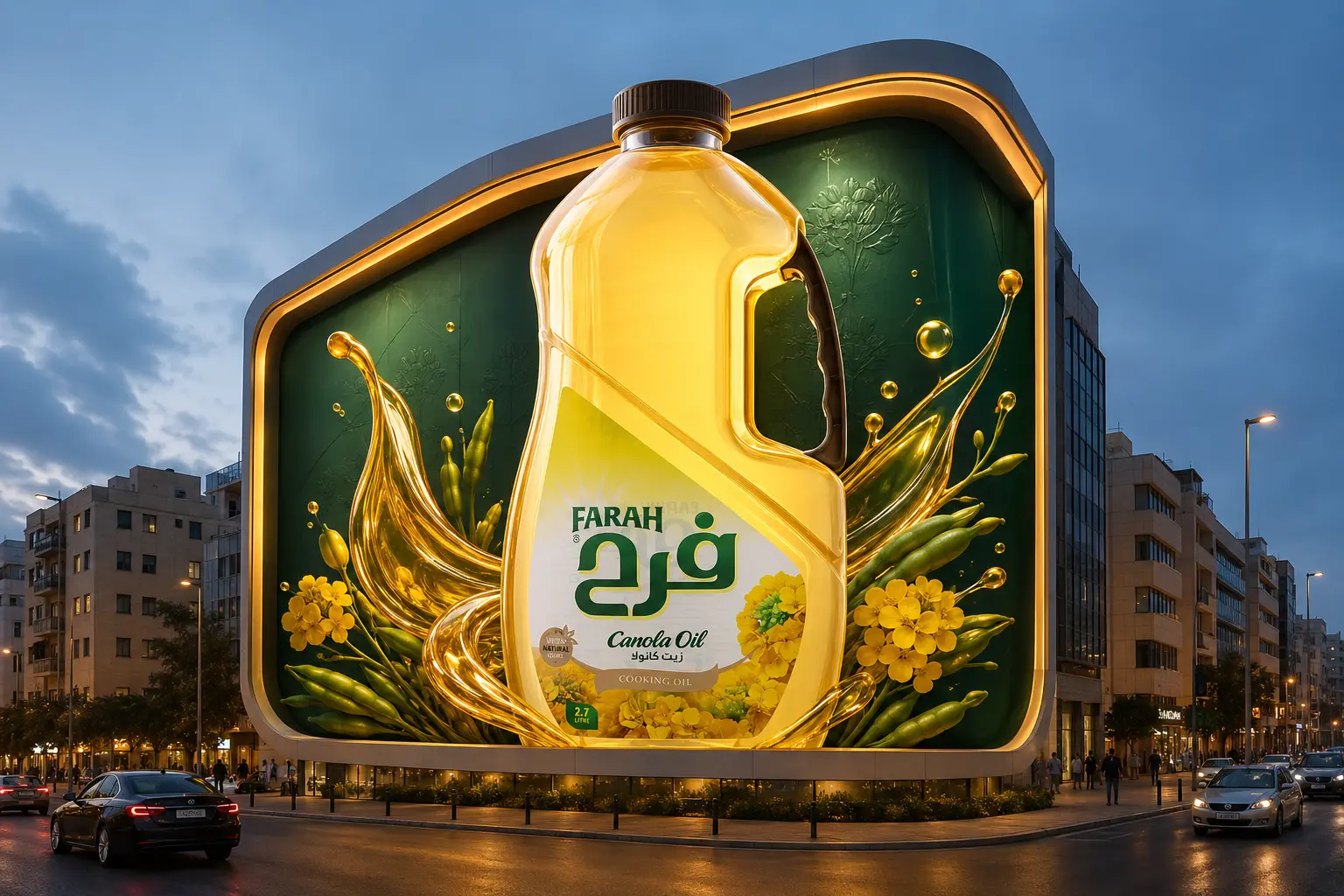Farah® Canola Oil 2.7 Liter on a giant 3D billboard