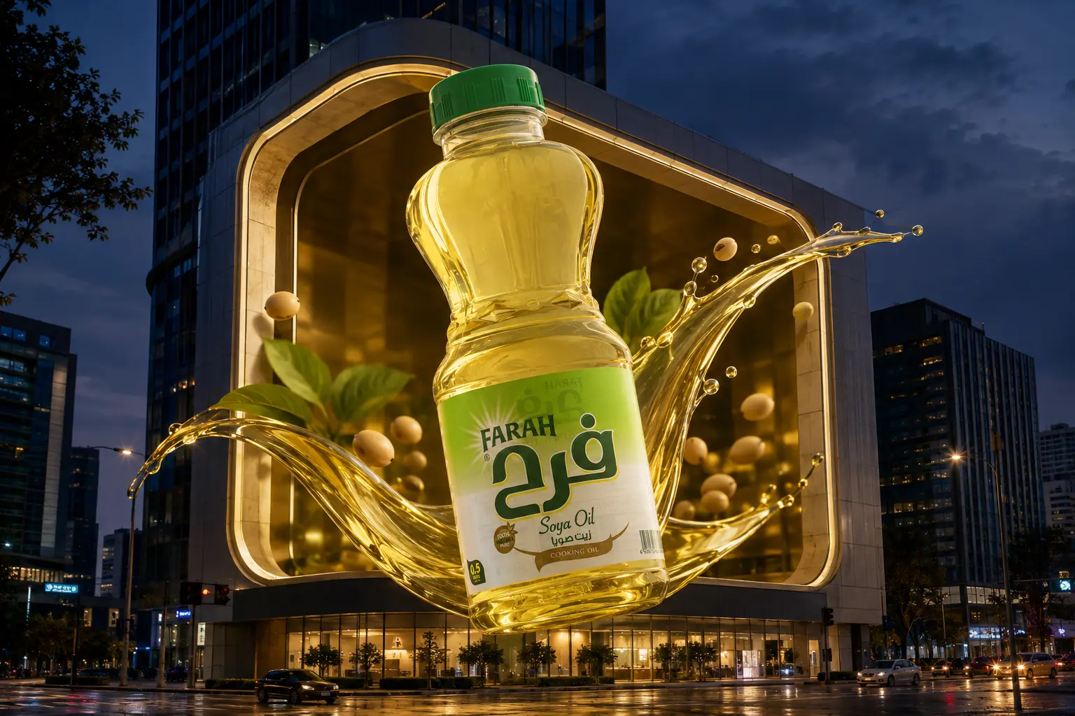 Farah® Soya Oil 0.5 Liter on a giant 3D billboard