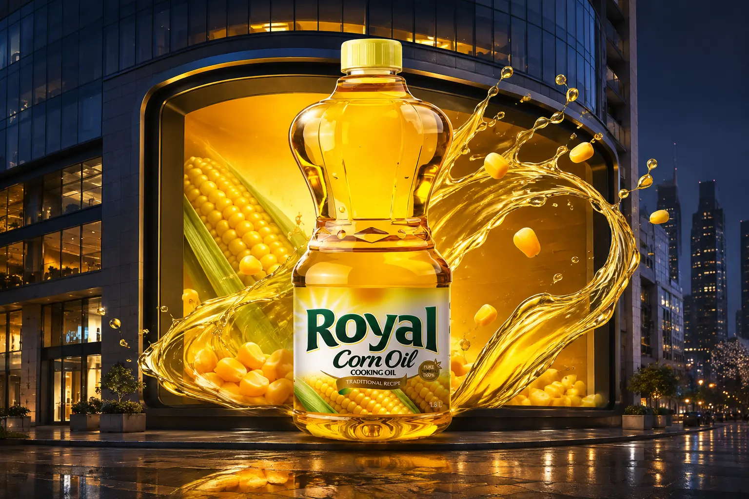 Royal® Corn Oil 1.8 Liter on a giant 3D billboard
